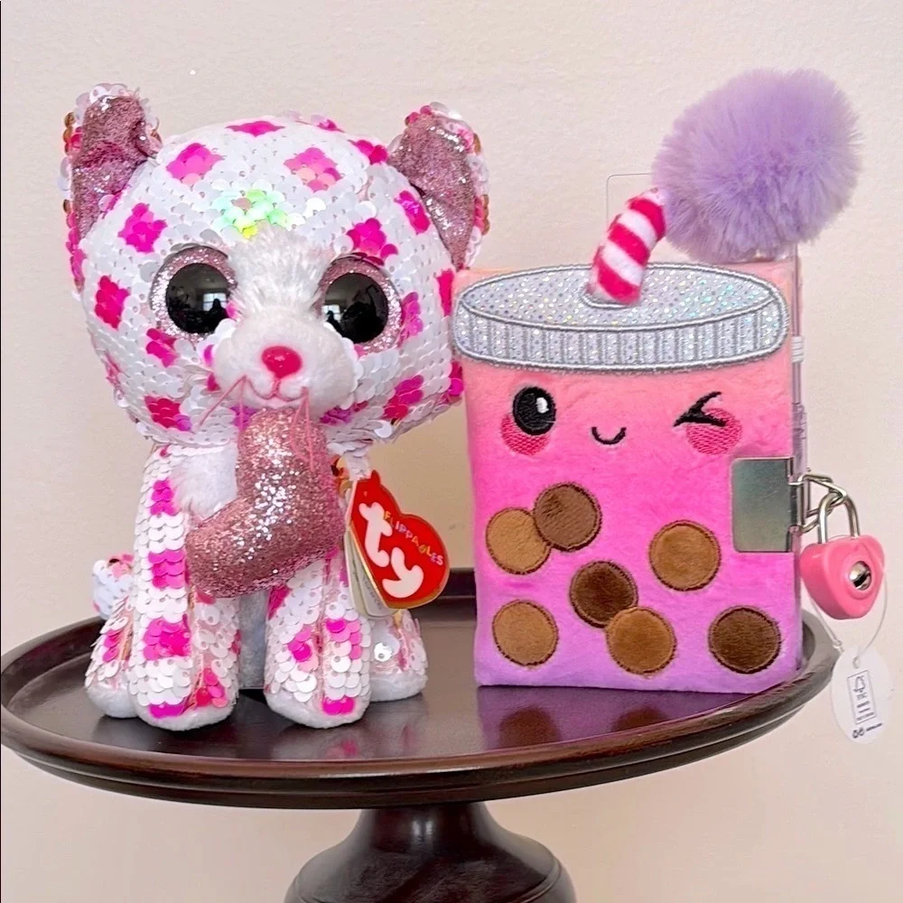 Brand New Ty FIippables Sequins Cupid the Valentine Cat Plush & Pink Boba Diary